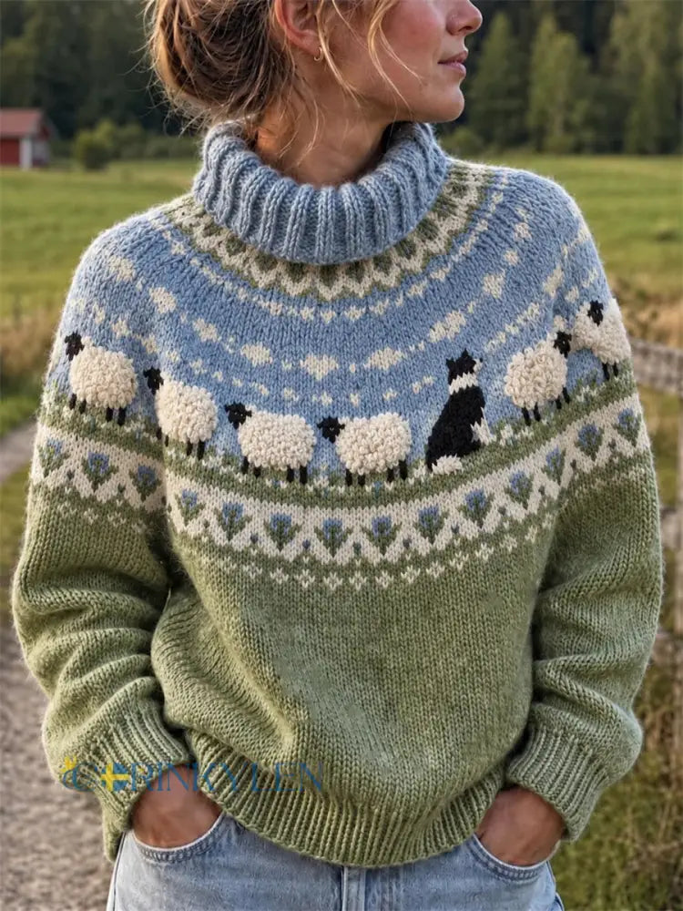 Vintage damtröja med bondgårdsmotiv – border collie och får – tryckt yoke-mönster – sköldpaddhals - grönt / S