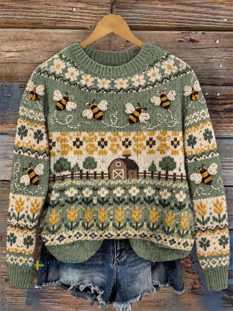 Vintage damtröja med flygande bin och vackra blommor i ett färgglatt mönster rund halslinning - grönt / S