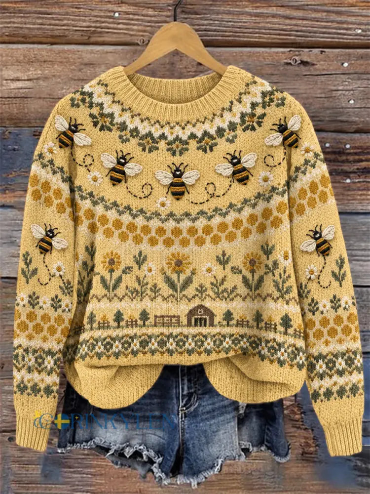 Vintage damtröja med flygande bin och vackra blommor i ett färgglatt mönster rund halslinning - gul / S