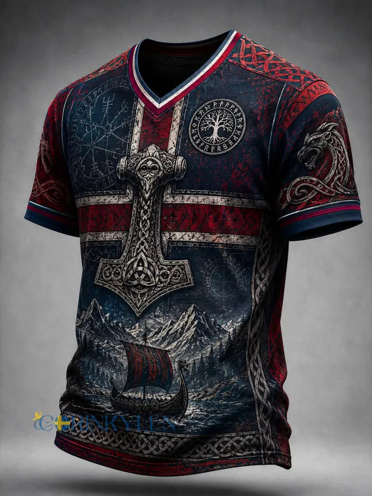 Vintage-Style Distressed Norge 2026 Fotboll konst Casual V-Hack T-shirt - som bild / S