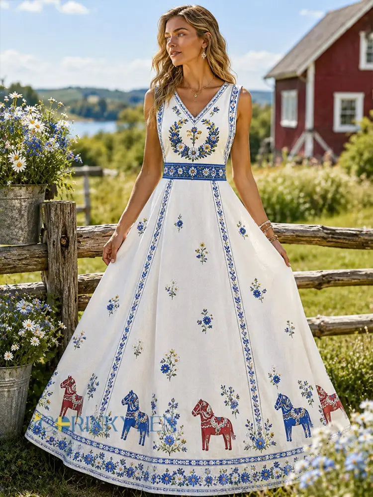Vintage svensk blommig dalahästkonsttryck avslappnad klänning - A / S
