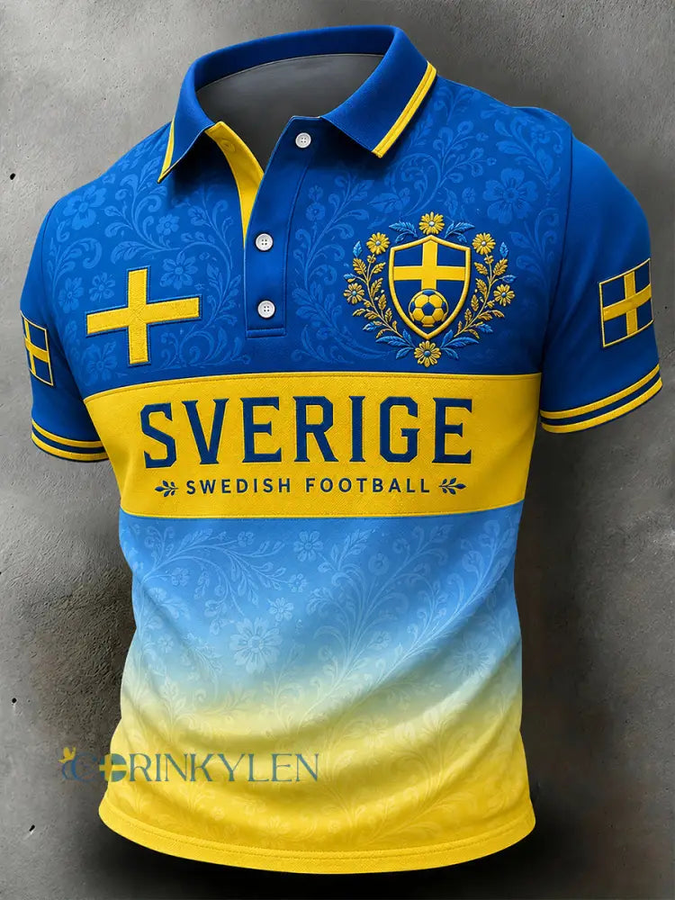 Vintage-tryckt polo med fotbollstema för svenska fans – avslappnad stil för män - A / S
