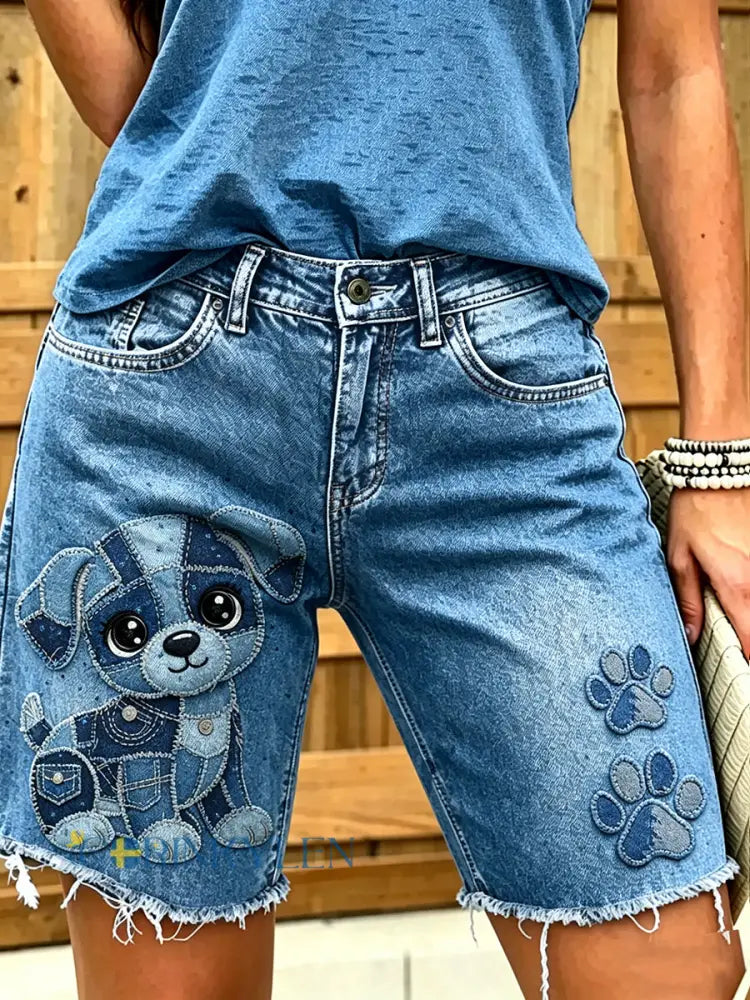 Women’s Animal Art Printed Short Jeans - Blue / S