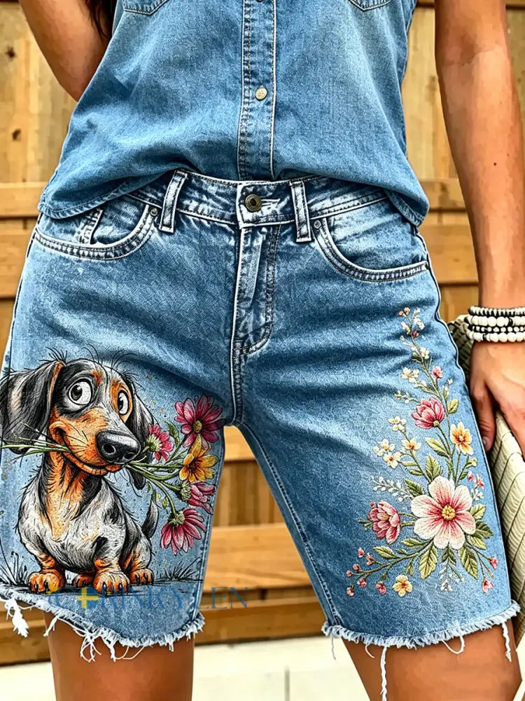 Women’s Animal Art Printed Short Jeans - Blue / S