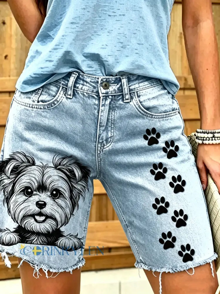 Women’s Animal Art Printed Short Jeans - Blue / S