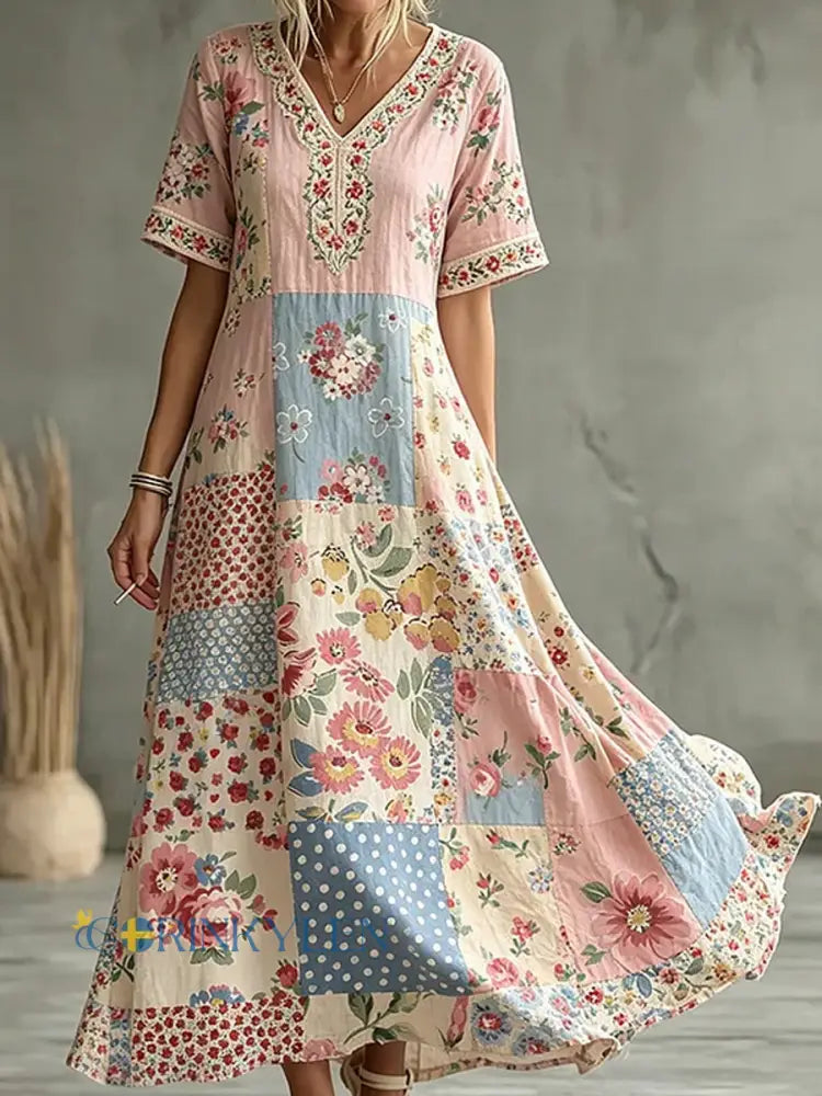 Women’s Bohemian Floral Embroidery Art Round Neck Short Sleeve Midi Dress - A / S