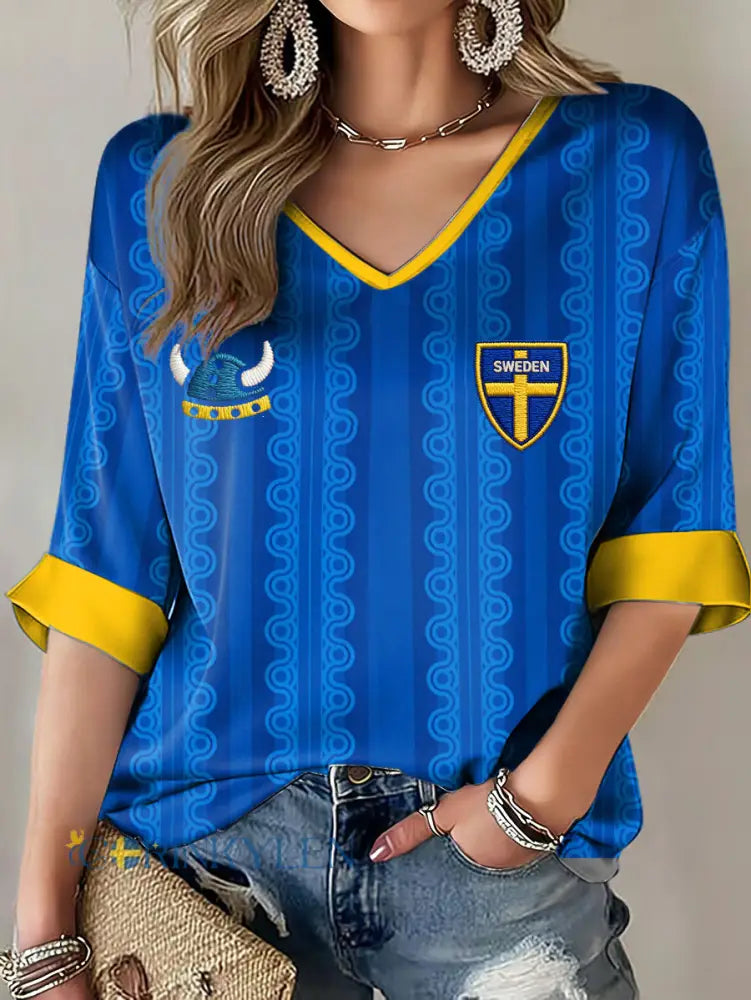Women’s Sweden Football Lover Printed Casual Tops - Blue / S