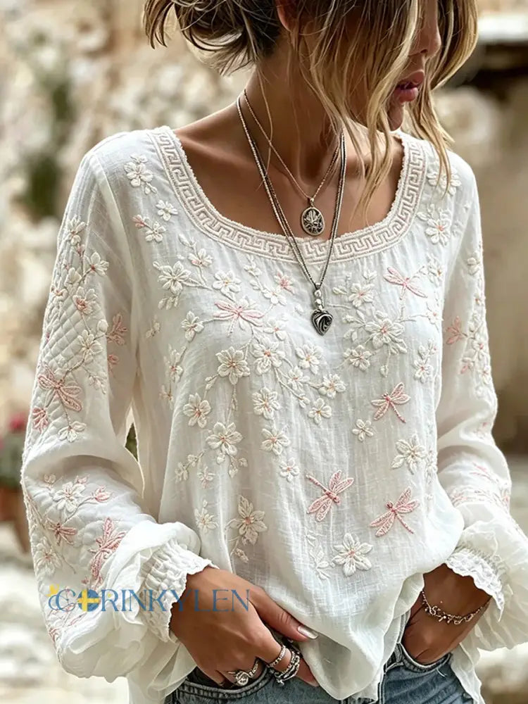 Women’s Vintage Floral Art Print Casual Cotton-Linen Top - A / S