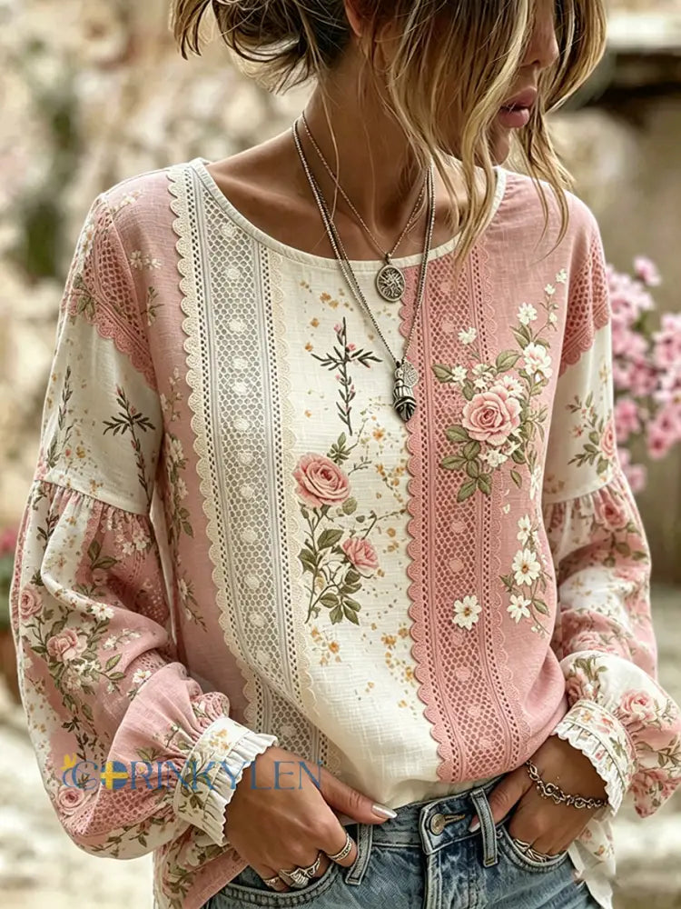 Women’s Vintage Floral Art Print Casual Cotton-Linen Top - A / S