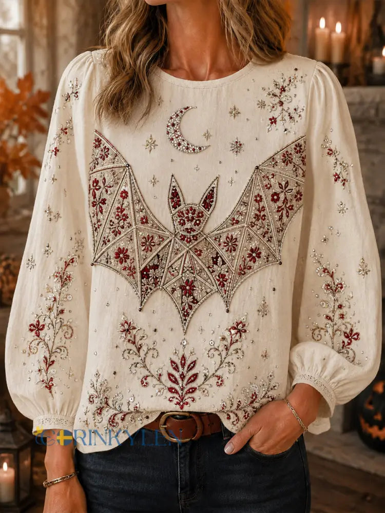 Women’s Vintage Halloween Dala Horse Bat Art Top - As picture / S