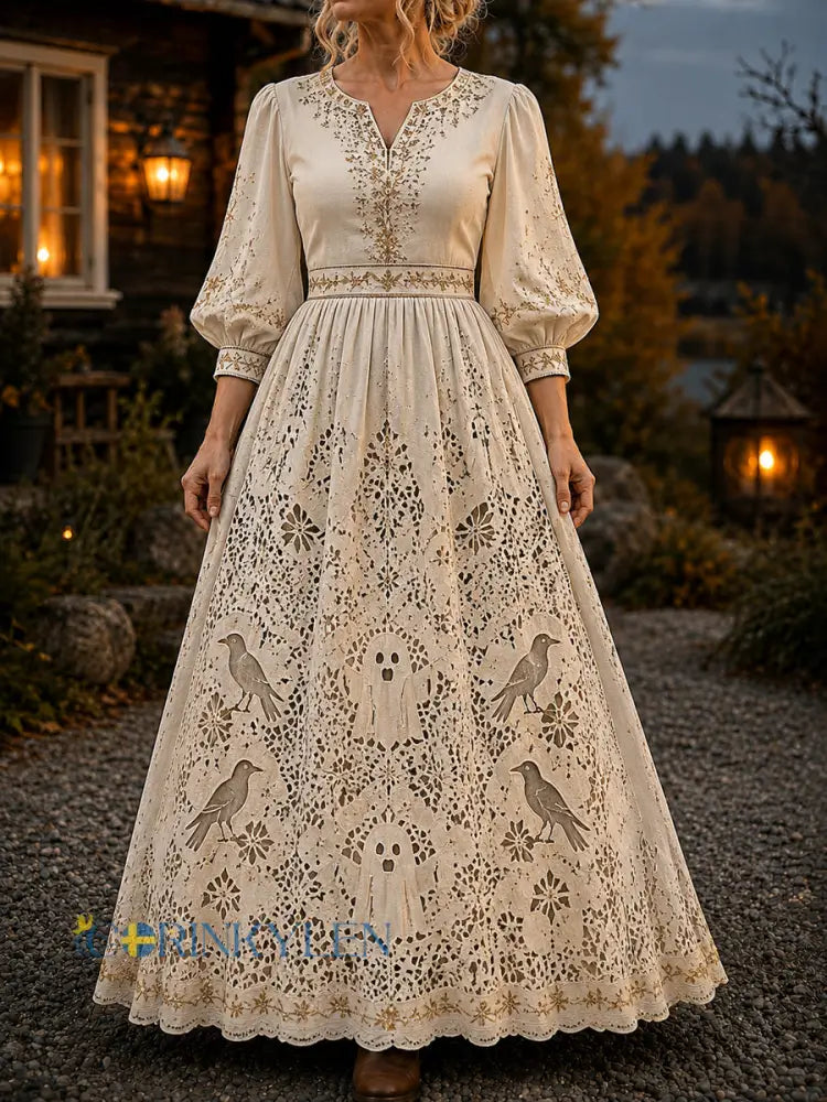 Women’s Vintage Halloween Ghost-Print V-Neck Dress - As picture / S