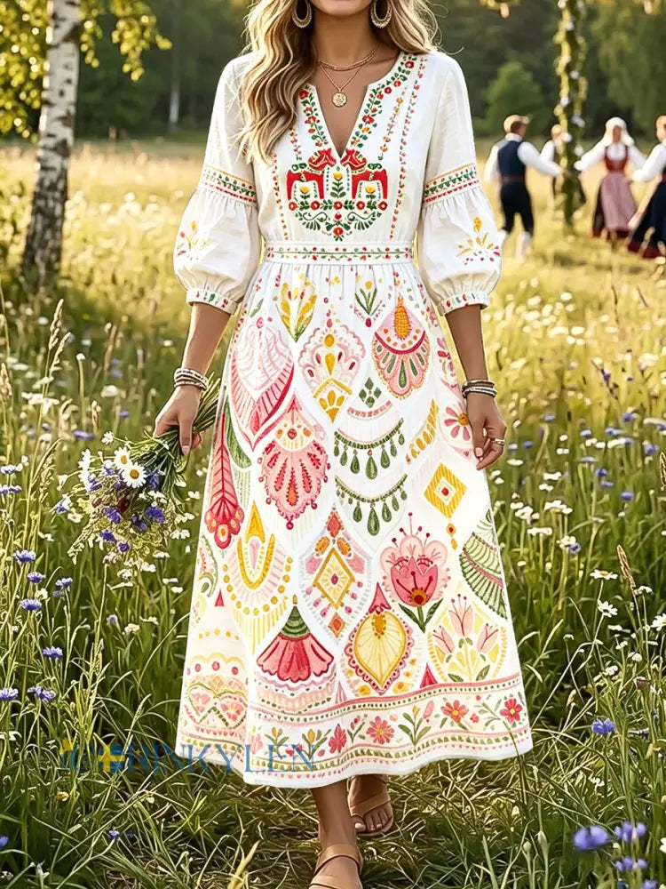 Women’s White Summer Casual Dress with Swedish Dala Horse Graffiti Print - White / S