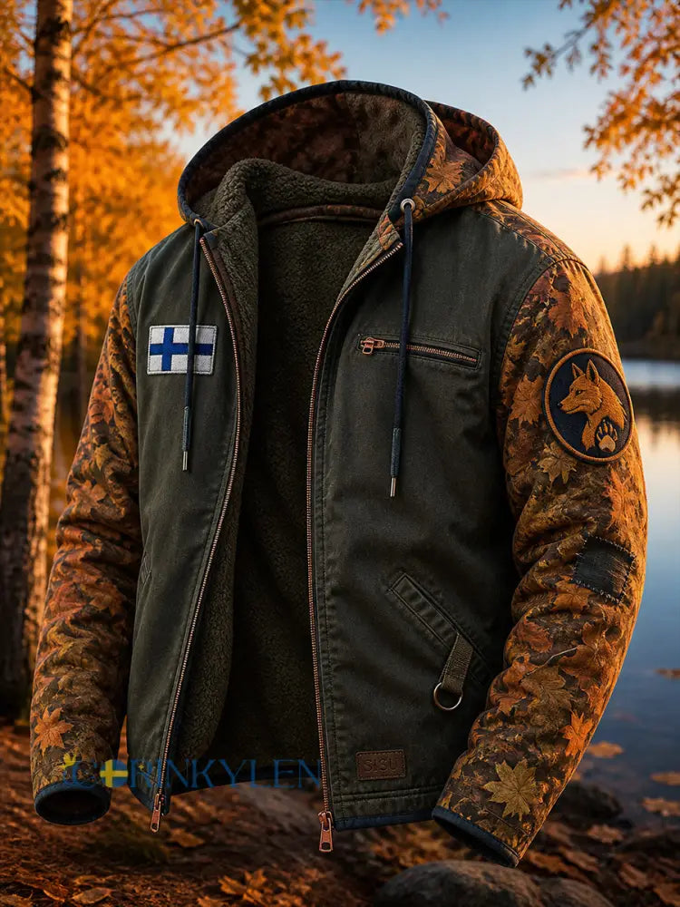 Bekväm Zip-Up Casual Hoodie med Retro Finsk konst Print - A / S