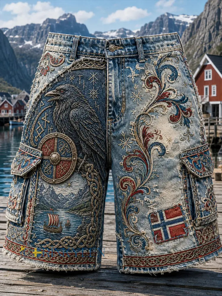 Casual Shorts med Vintage norska Viking Skandinavisk folkkonst Print - A / S