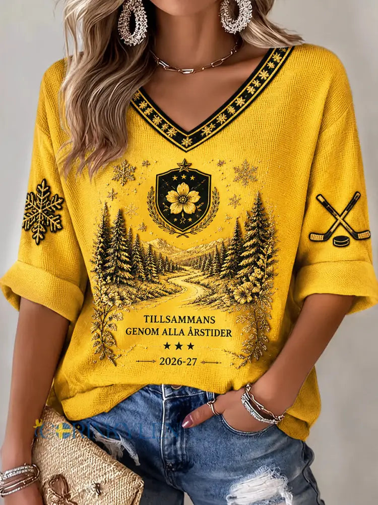 Dam gul Brynäs IF Svensk ishockey Printed V-hals Långärmad T-shirta - gul / S