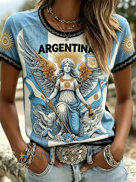 Damens Argentina Angel & Flag Colorblock Skriv ut kortärmad T-shirt - blå / S