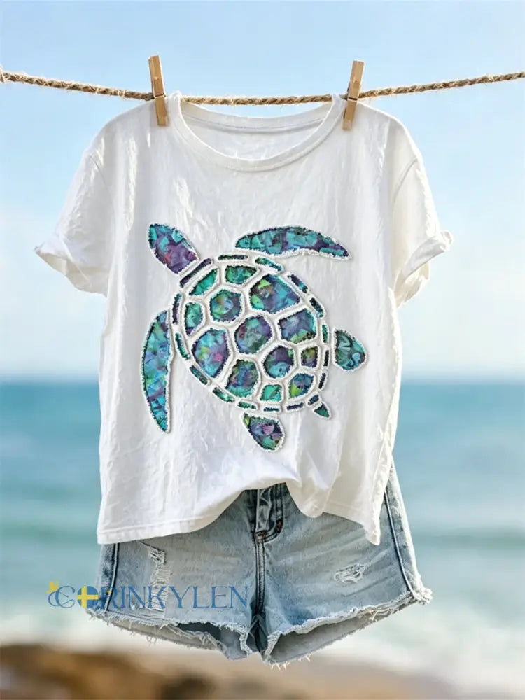 Damens havs Turtle Frayed Fiber Konst Skriv ut kortärmad T-shirt - vitt / S