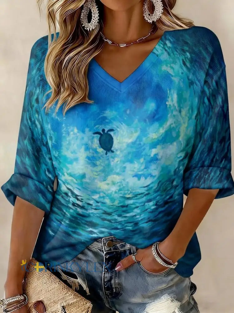 Damens havs Turtle World Ocean Dag tryckt våffel T-shirt - som bild / S
