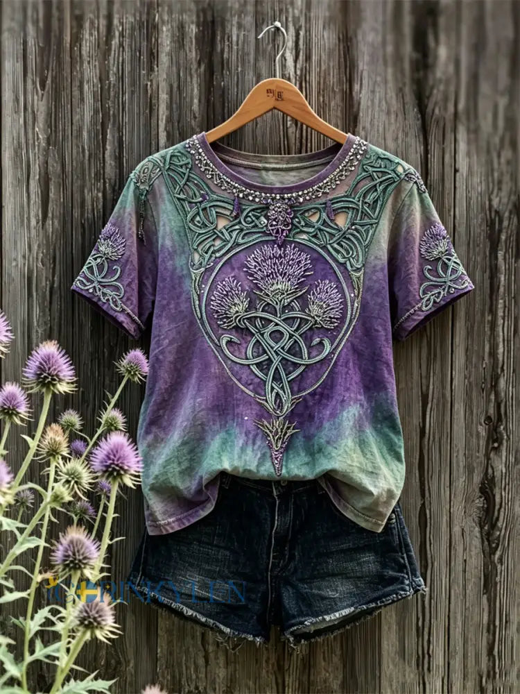 Damens Skottland Thistle Celtic Knot Gradient Skriv ut kortärmad T-shirt - mörkt / S