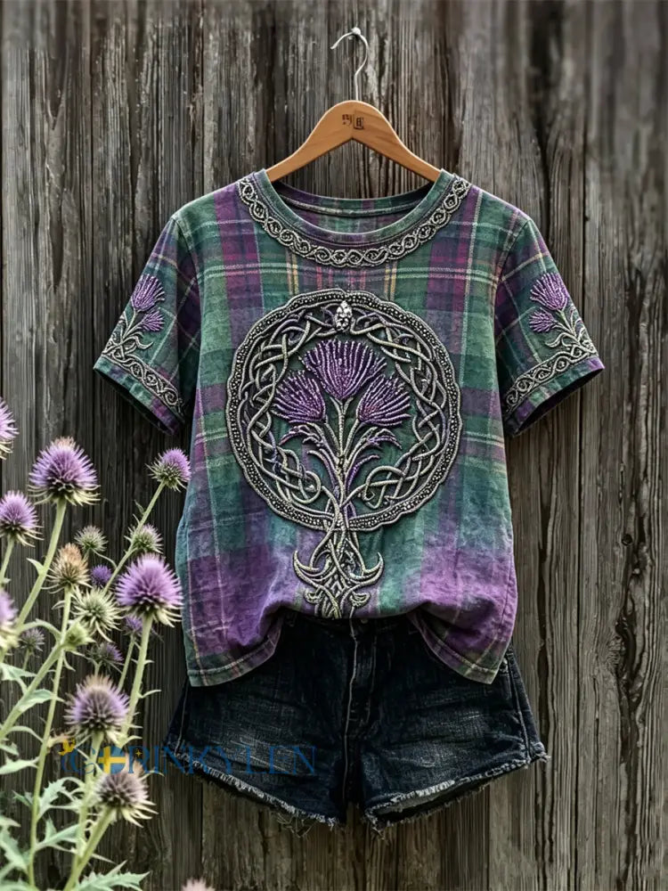 Damens Skottland Thistle Viking Celtic Knot Tartan Skriv ut kortärmad T-shirt - mörkt / S