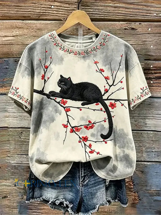 Damens söta blomma katt kort ärm T-shirt - som bild / S