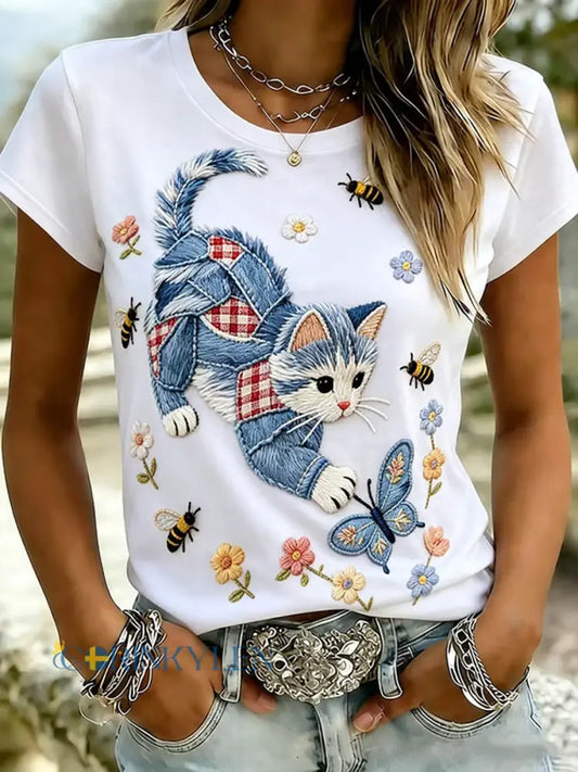 Damens söta katt Skriv ut kortärmad T-shirt - vit / S