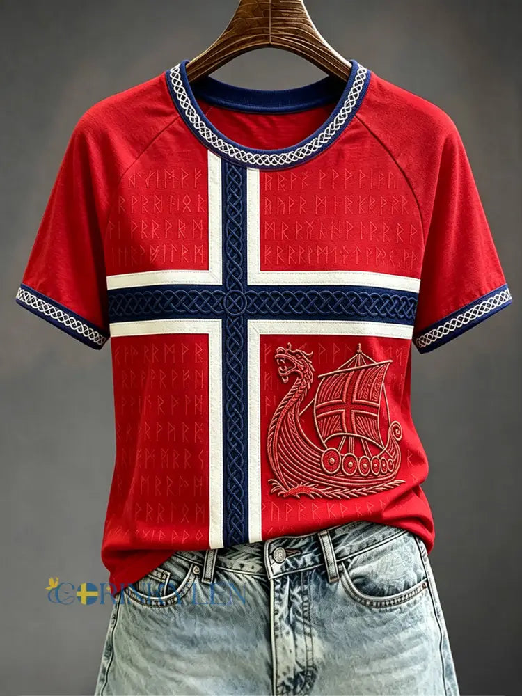 Damens Viking Runes Celtic Norge Flag Skriv ut rund hals Kort ärm T-shirta - röd / S