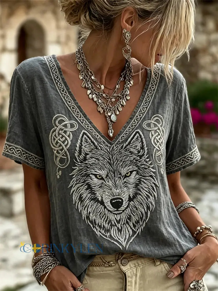 Damens Viking Wolf Fenrir Celtic Knop Skriv ut linne T-shirt - mörk grå / S