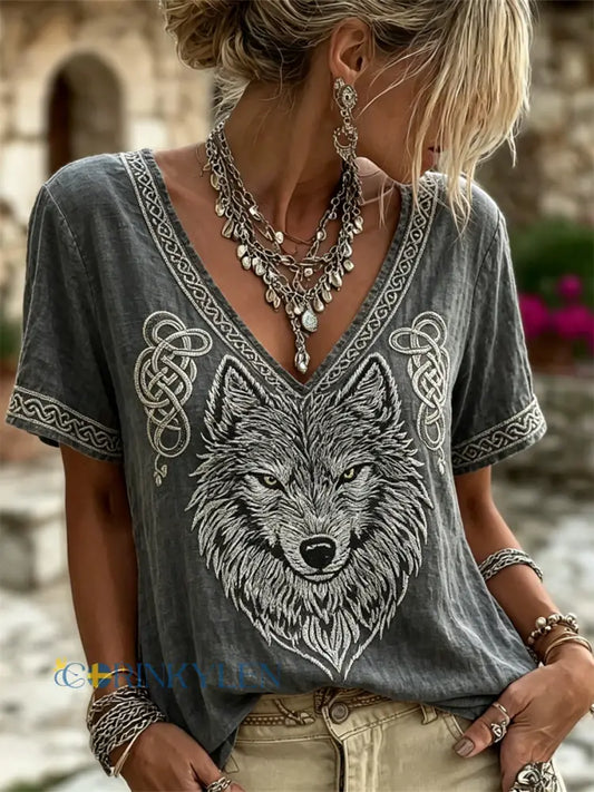 Damens Viking Wolf Fenrir Celtic Knop Skriv ut linne T-shirt - mörk grå / S