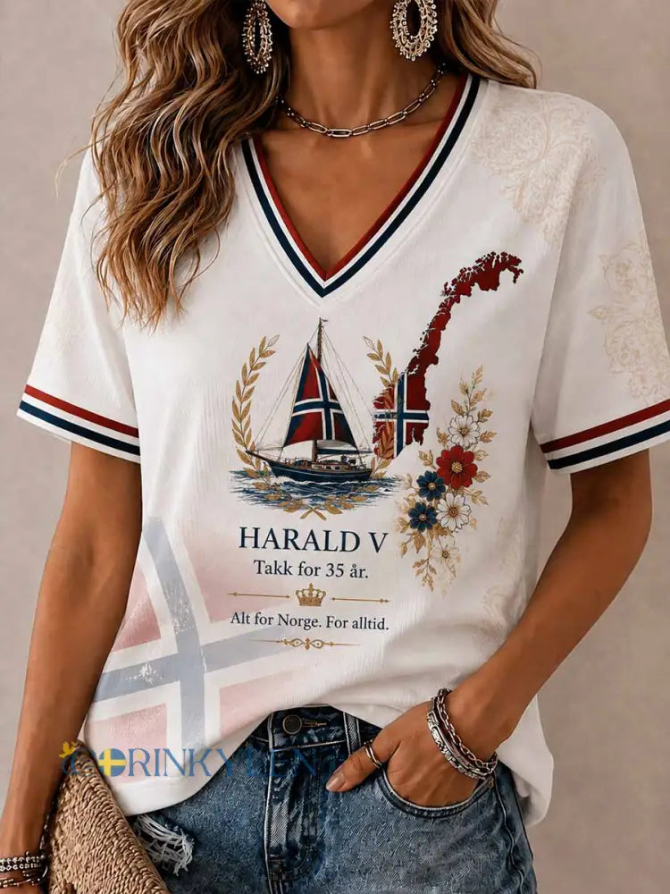Damer Gåtillägnad Norge Harald Mönster Tryckt T-shirt - som bild / S