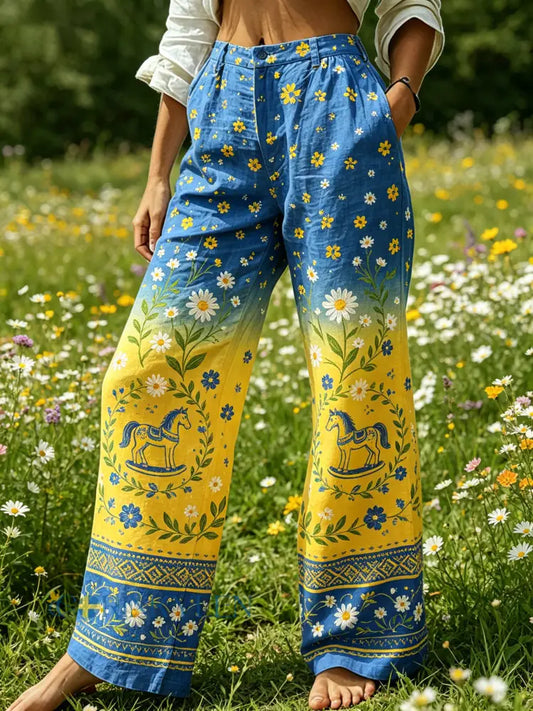 Damer Midsommarfest Blommig Färggradient Bomull Linne Avslappnade Byxor - A / S