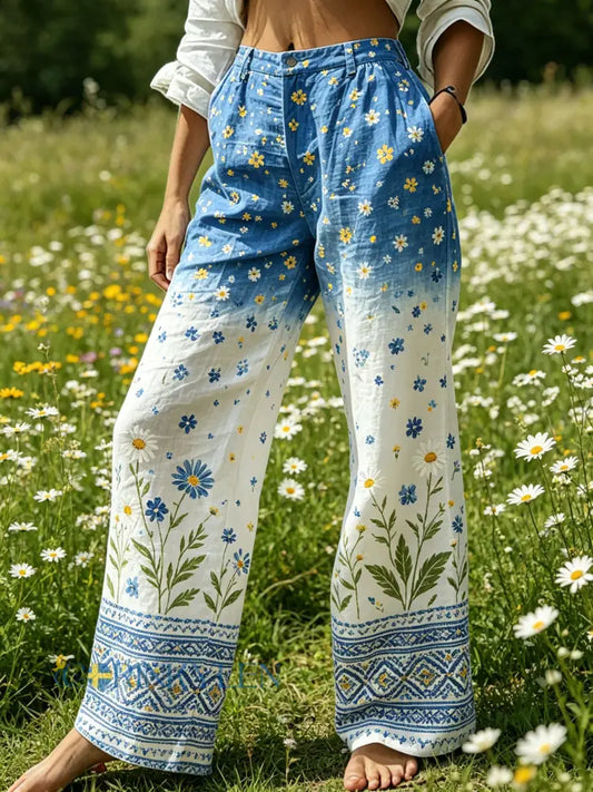 Damer Midsommarfest Blommig Färggradient Bomull Linne Avslappnade Byxor - A / S