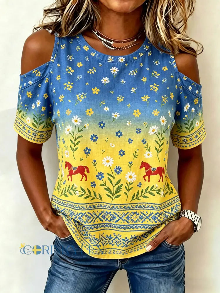 Damer Midsommarfest Blommiga konsttryck axelbandslös t-shirt - A / S