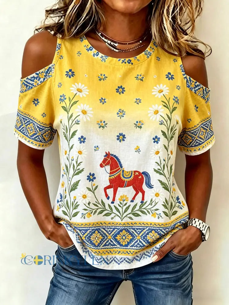 Damer Midsommarfest Blommiga konsttryck axelbandslös t-shirt - A / S