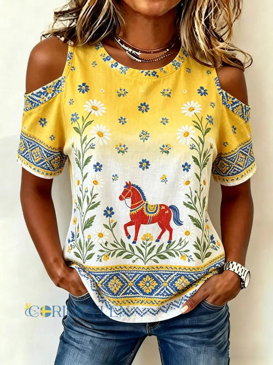 Damer Midsommarfest Blommiga konsttryck axelbandslös t-shirt - A / S