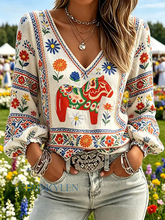 Damer Midsommarfest Tema Etnisk Lantlig Stil Tryckt V-ringning Puffärmar Topp - A / S