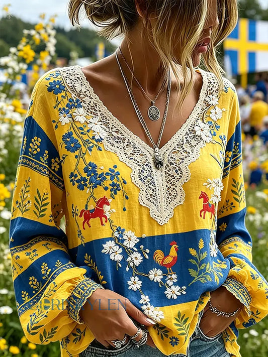 Damer Midsommarfest Tema Etnisk Lantlig Stil Tryckt V-ringning Puffärmar Topp - A / S