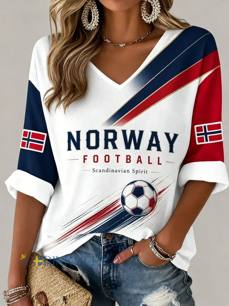 Damer Norge Fotbollsmatch Hejarklack Konsttryck V-ringad T-shirt - A / S