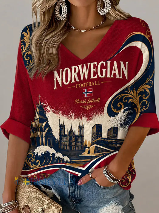 Damer Norge Fotbollsmatch Hejarklack Konsttryck V-ringad T-shirt - A / S