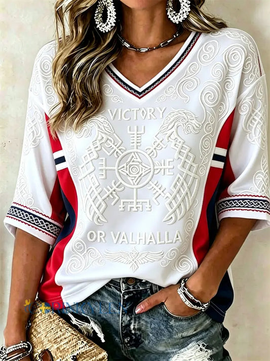 Damer Norgesseger eller Valhalla keltisk knut flagg patchworkmönster middlånga ärmar V-ringning T-shirt - vitt / S