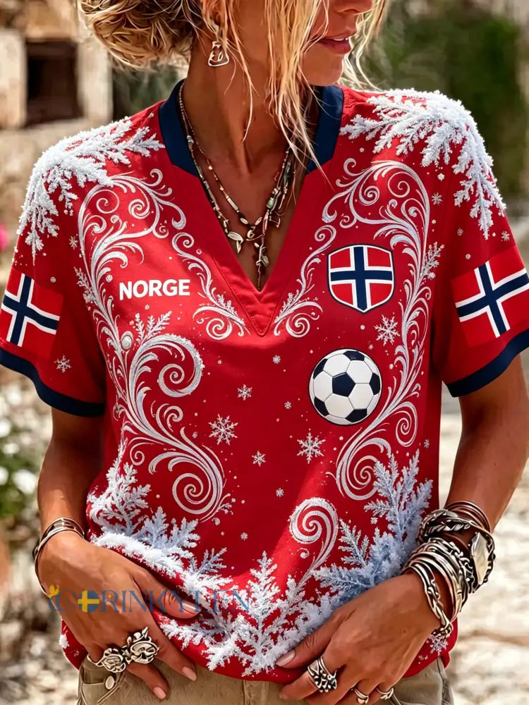 Damer norsk fotbollsmatch hejarklack konsttryck V-ringad topp - A / S