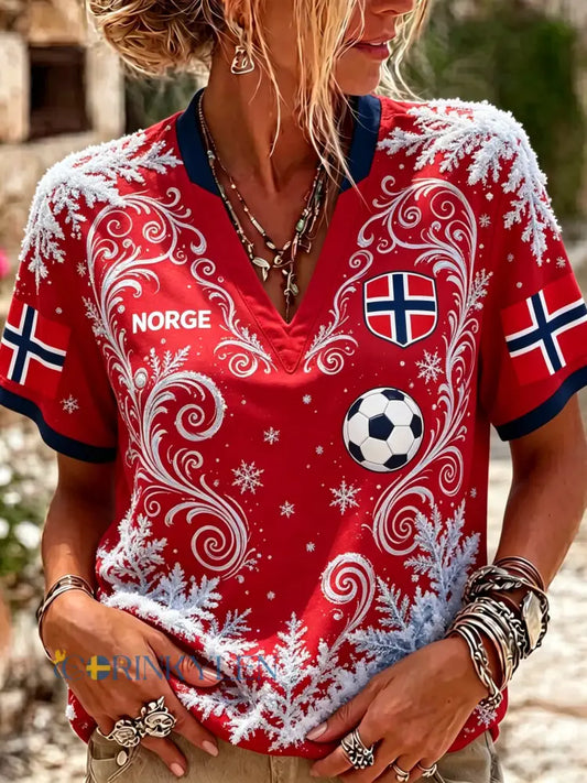 Damer norsk fotbollsmatch hejarklack konsttryck V-ringad topp - A / S