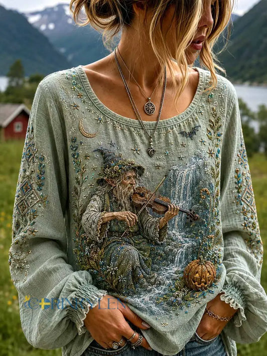 Damer norsk Halloween-alf världsmönster tryckt t-shirt - som bild / S