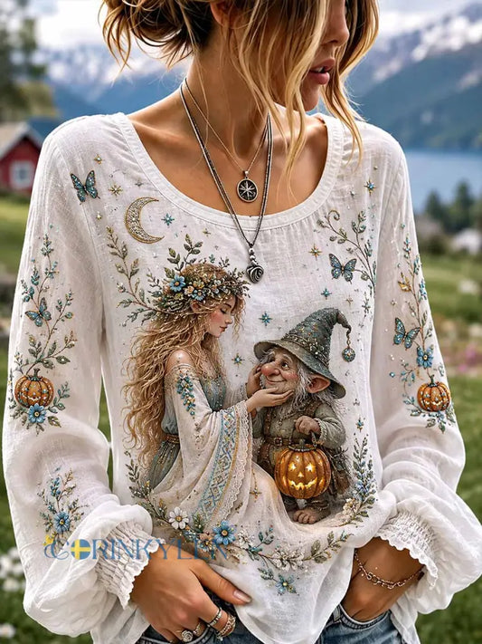 Damer norsk Halloween-alf världsmönster tryckt t-shirt - som bild / S