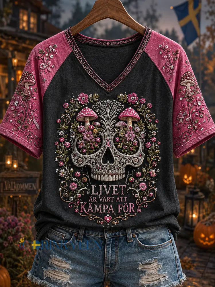 Damer Retro Halloween Bröstcancer Dödskalle T-shirt - som bild / S
