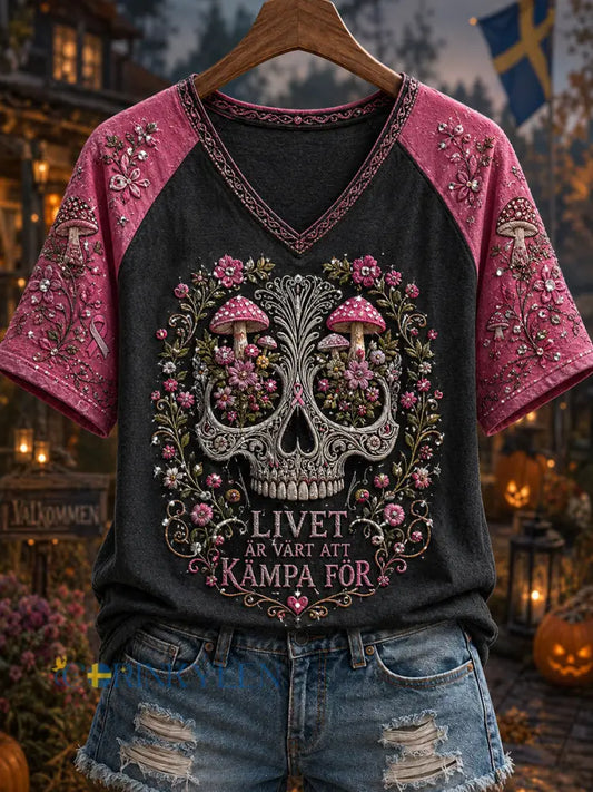 Damer Retro Halloween Bröstcancer Dödskalle T-shirt - som bild / S