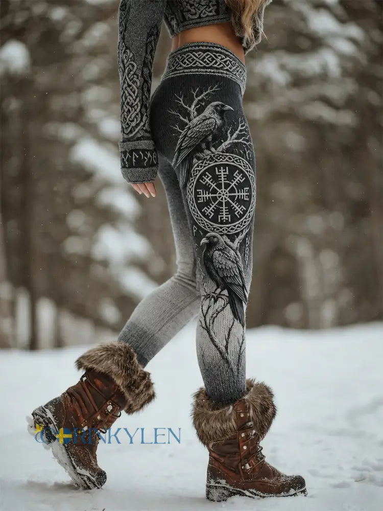 Damer Retro Nordisk Viking Gradient Sportsträckbara Velvet Leggings - svart / S