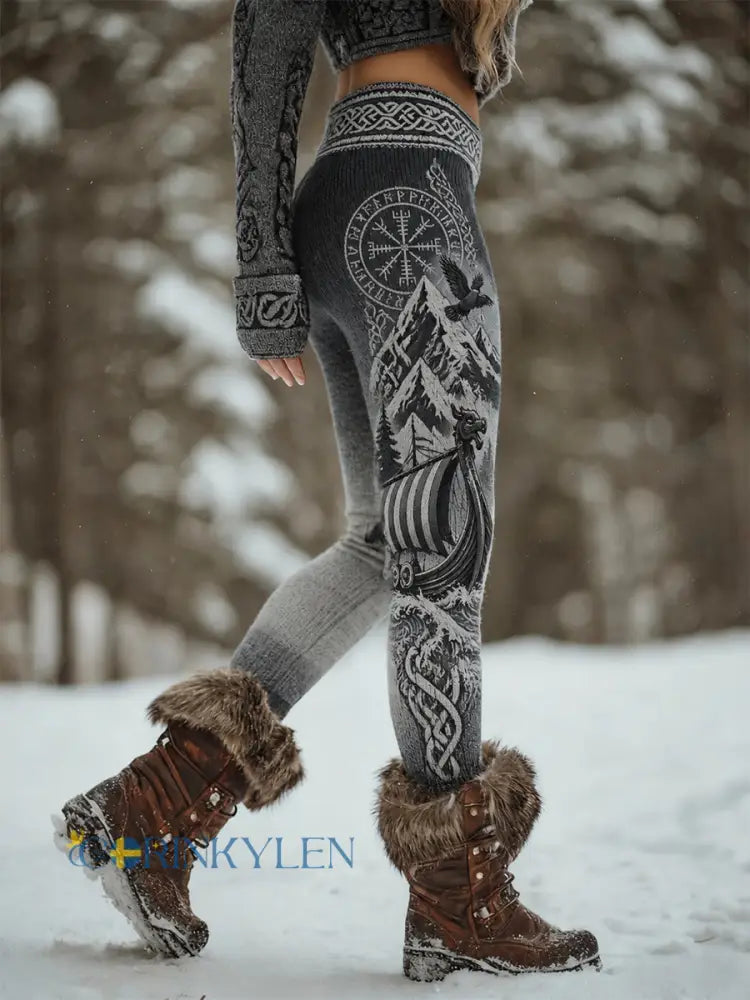 Damer Retro Nordisk Viking Gradient Sportsträckbara Velvet Leggings - svart / S