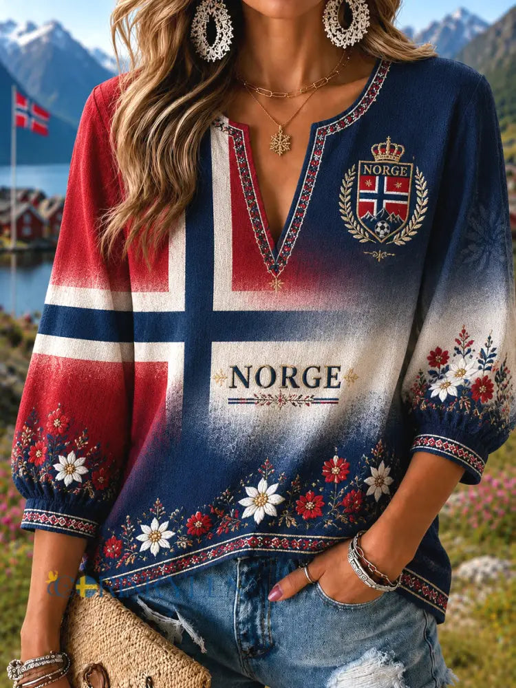 Damer Retro Norsk Fotboll Blommig Färggradient Konst V-Neck Topp - som bild / S