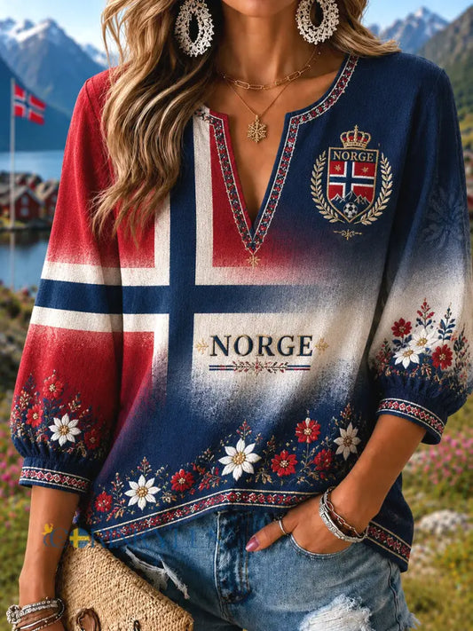 Damer Retro Norsk Fotboll Blommig Färggradient Konst V-Neck Topp - som bild / S